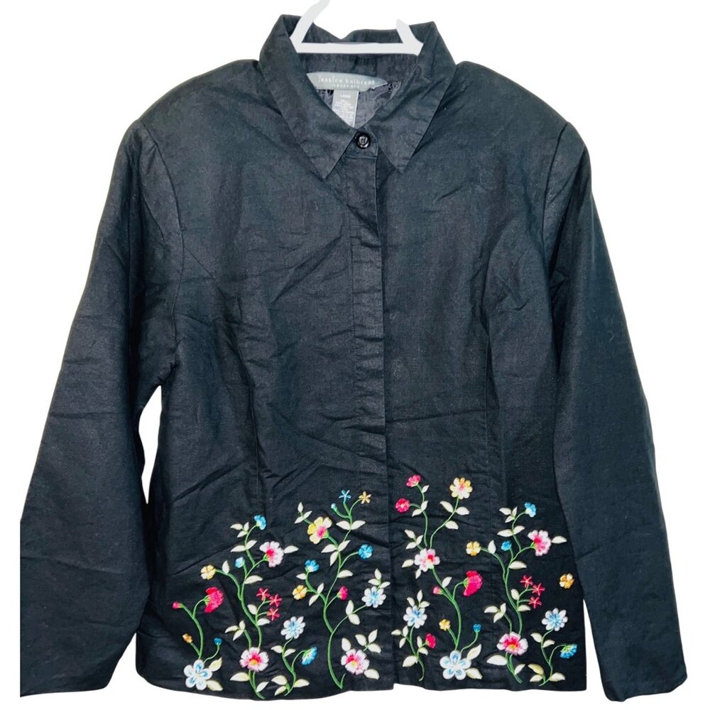 Jessica Holbrook Womens Black Embroidered Linen-Blend Long Sleeve Jacket L